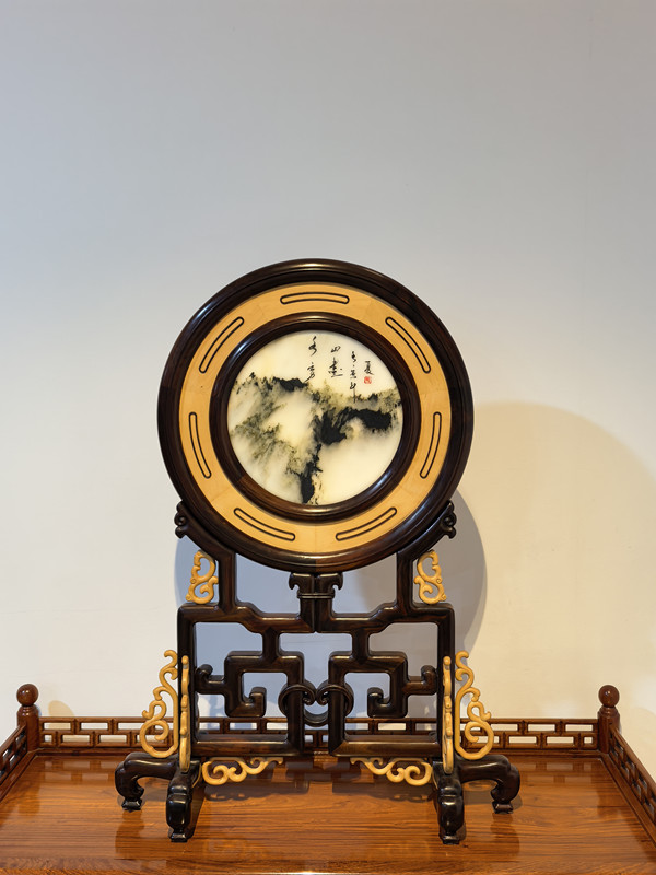 大紅酸枝黃楊圓臺屏